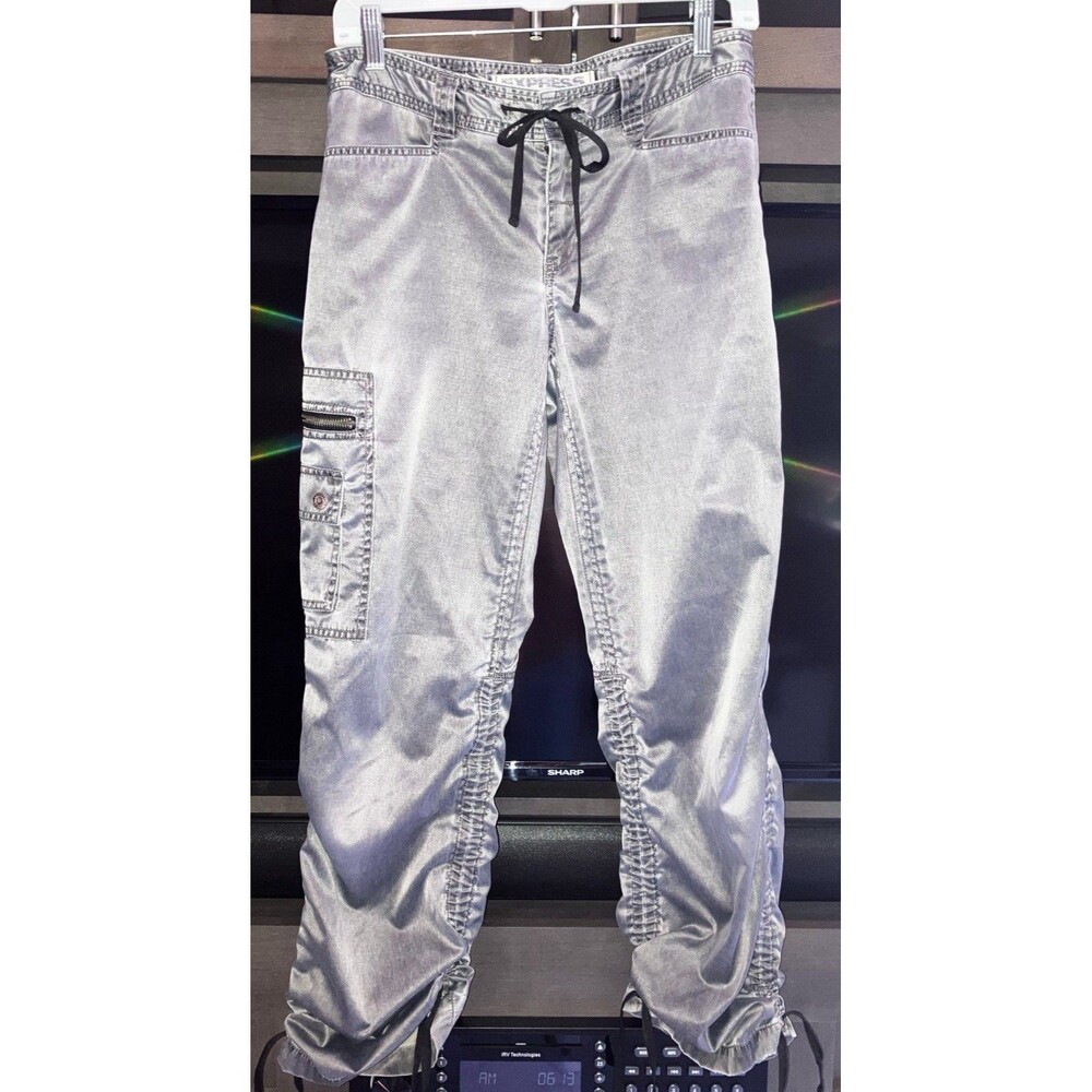 Vintage Express Gray Silver Satin Cargo Parachute Y2K Utility Pants Size 8